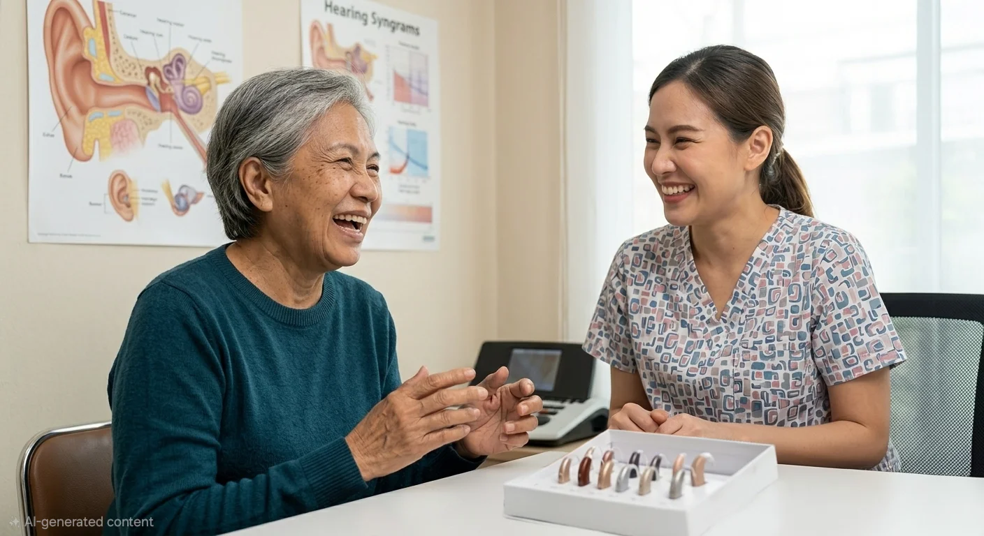 Audiologist smiling with an elderly patient in a warmly lit clinic room